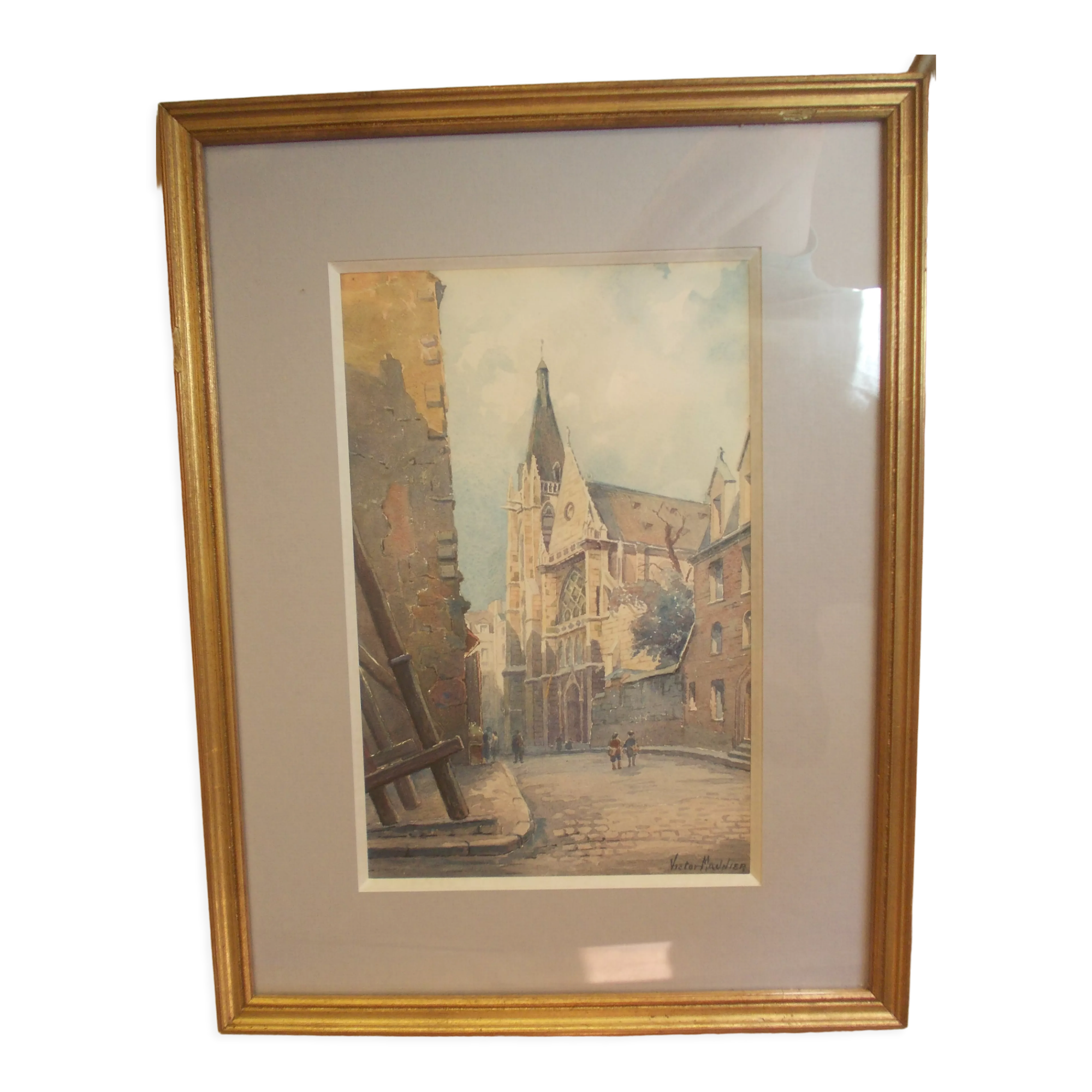 WATERCOLOR 1930 signed VICTOR MAUNIER : PARIS rue des Prêtres Saint Séverin Latin Quarter, 75, frame
