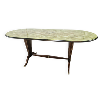 1950s oval table in mahogany and brass with glass top