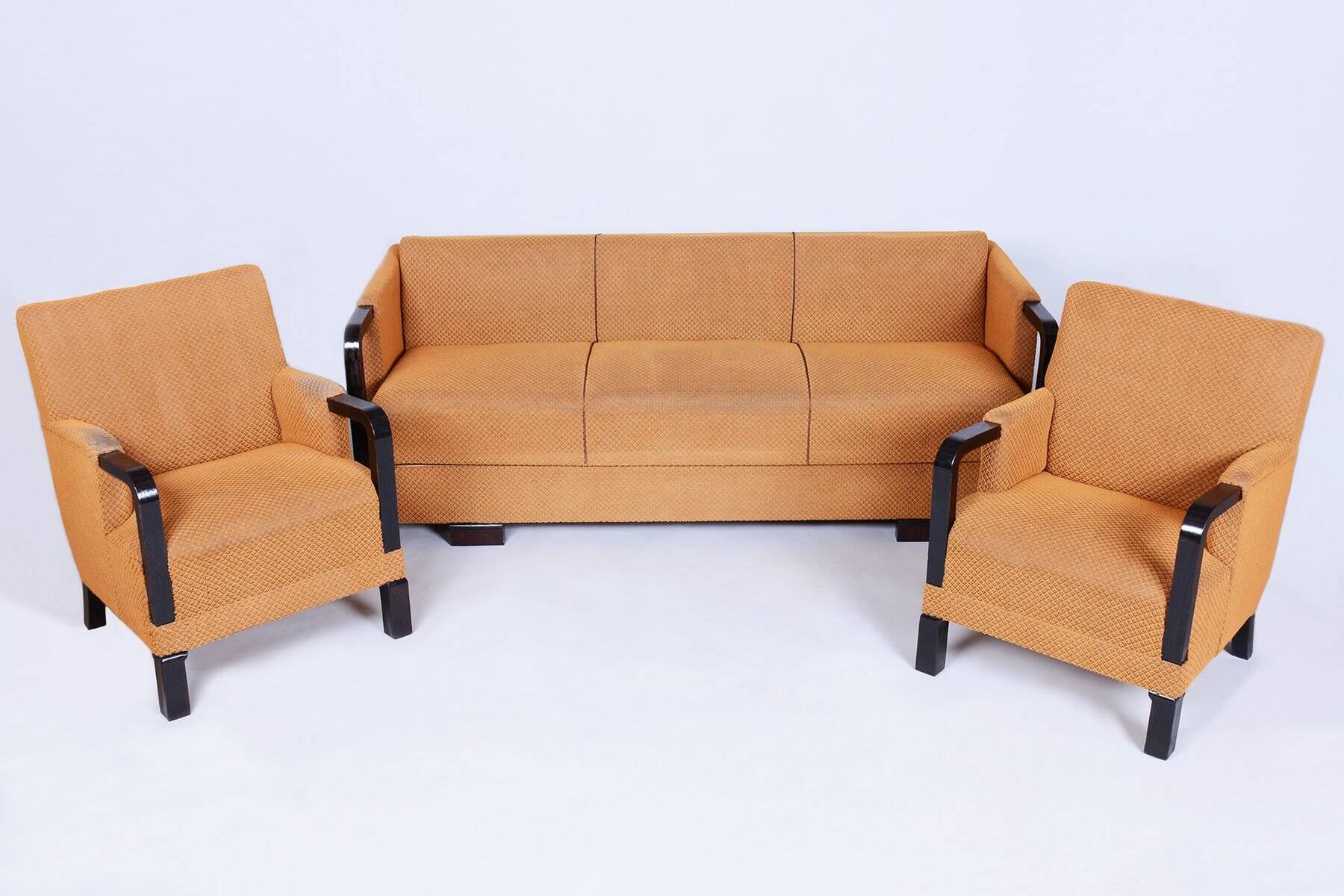 Czech Art Deco Sofas and Lounge Chairs in Beech and Oak attributed to Jindrich Halabala for Up Závody, 1930s, Set of 3