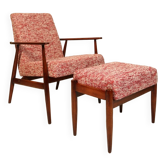 Fauteuil et repose-pieds vintage tissu homard rouge style bohème design H.Lis modèle 300-190