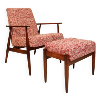 Fauteuil et repose-pieds vintage tissu homard rouge style bohème design H.Lis modèle 300-190