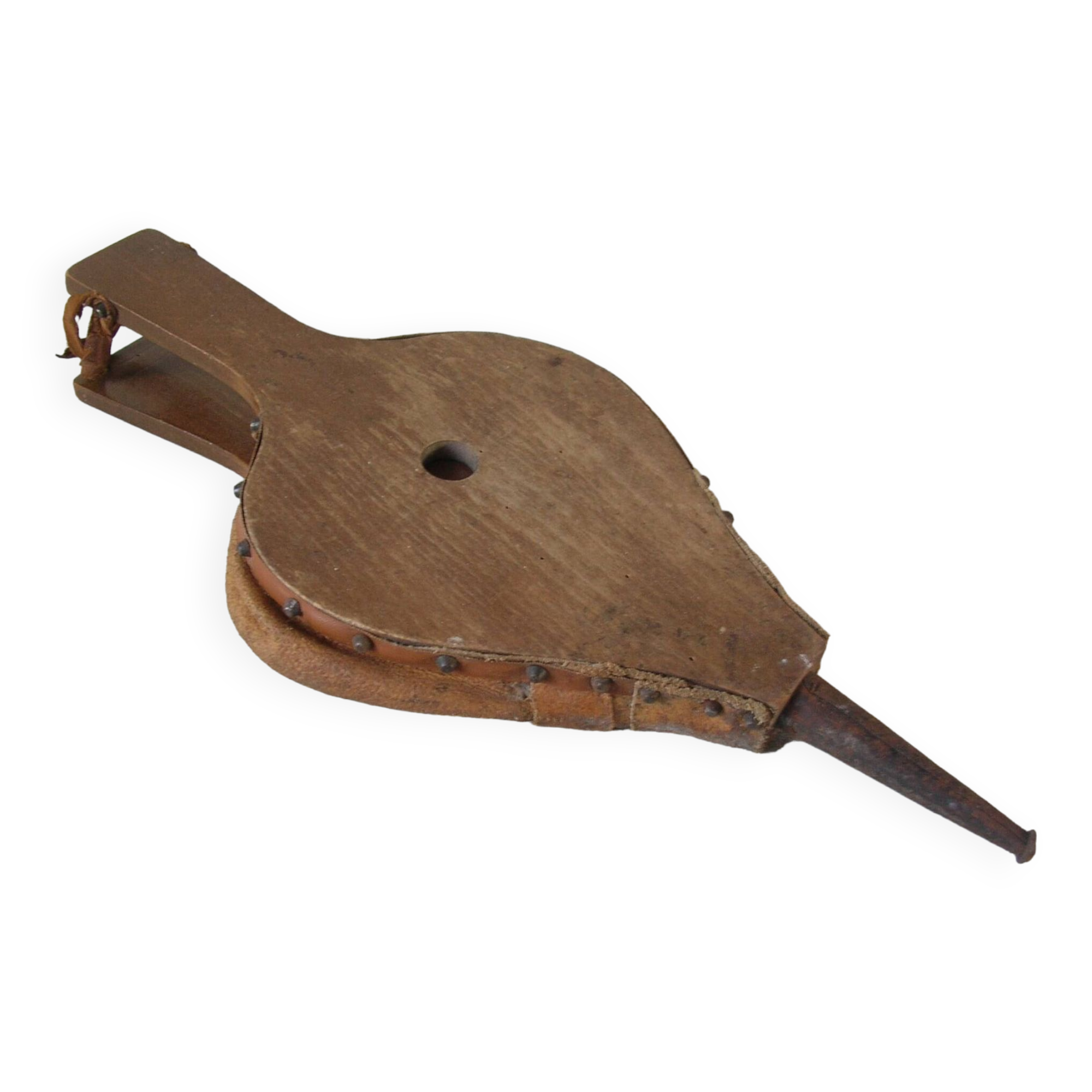 Old wooden and leather fireplace bellows works tool accessory