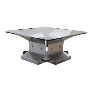 Square Coffee Table In Steel And Glass, Italy 1970s