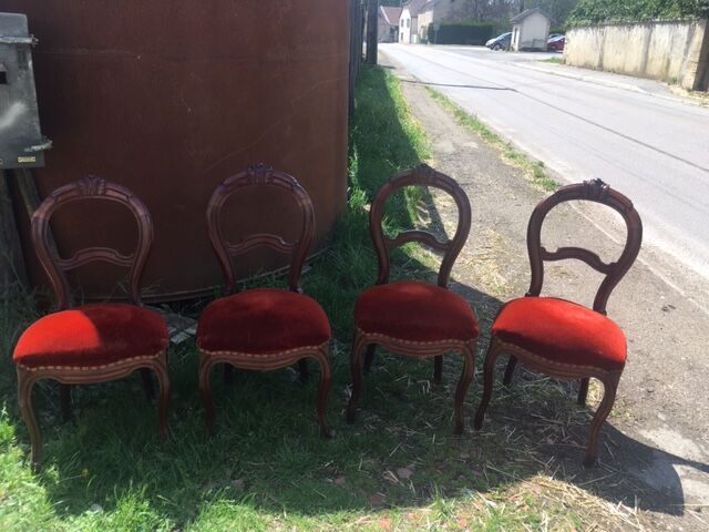 lot of 4 chairs Castle Chippendale, Louis XV late 1800s red velvet