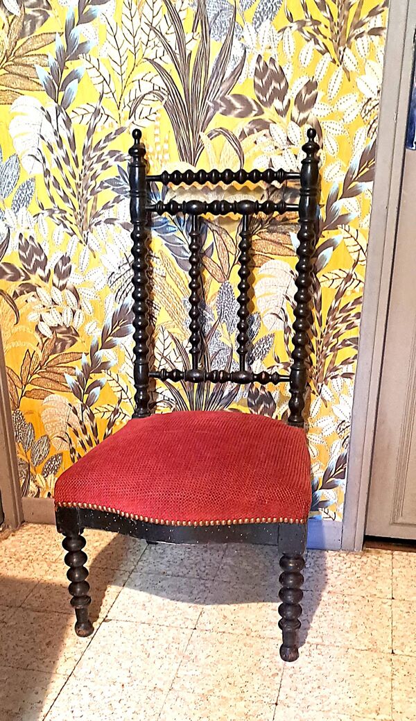 Chaise Prie Dieu Napoléon III bois noir velours rouge 1900