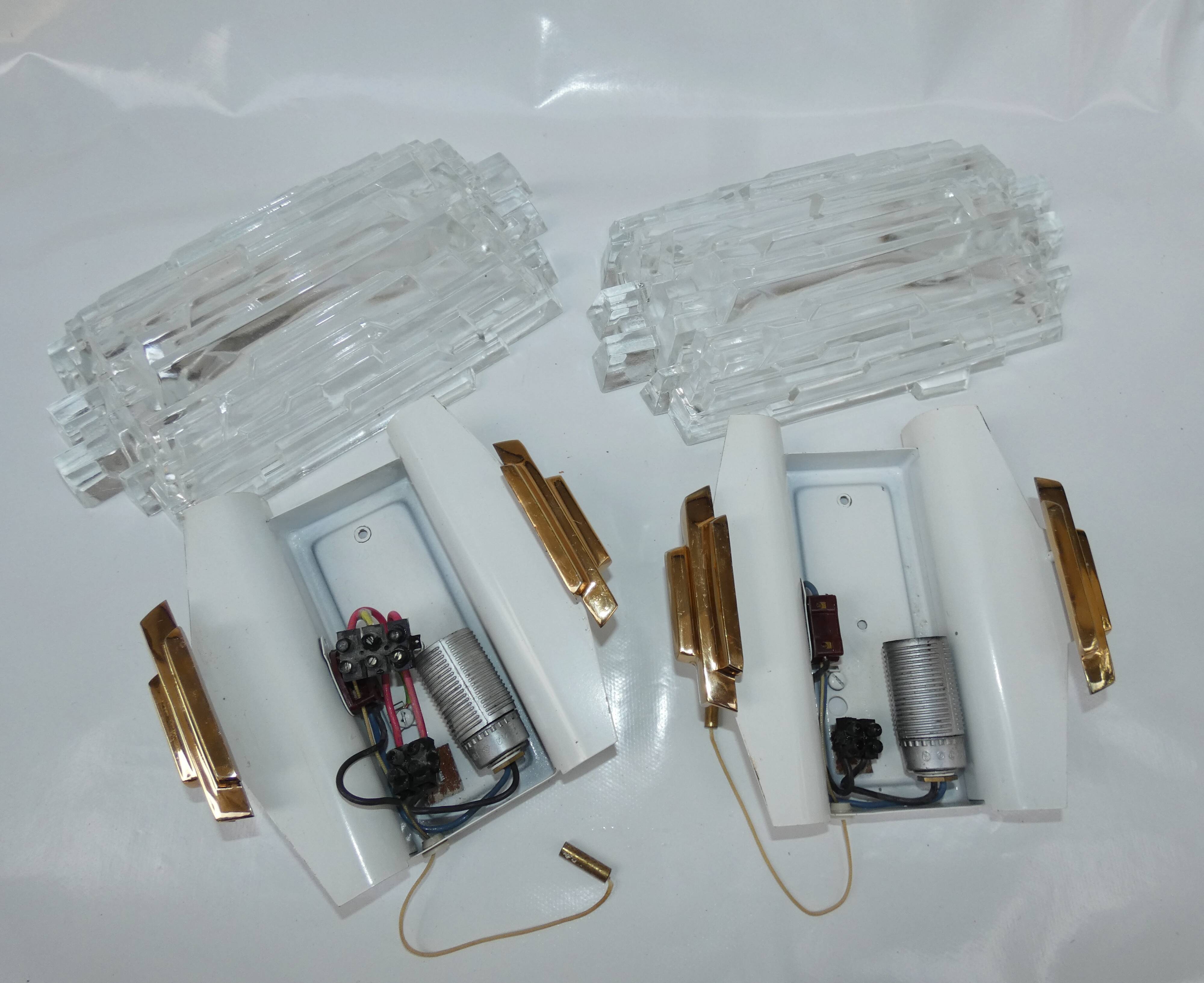 Pair of Wall Sconces Hillebrand Brass Glass Ice Cube Skycraper circa 1970