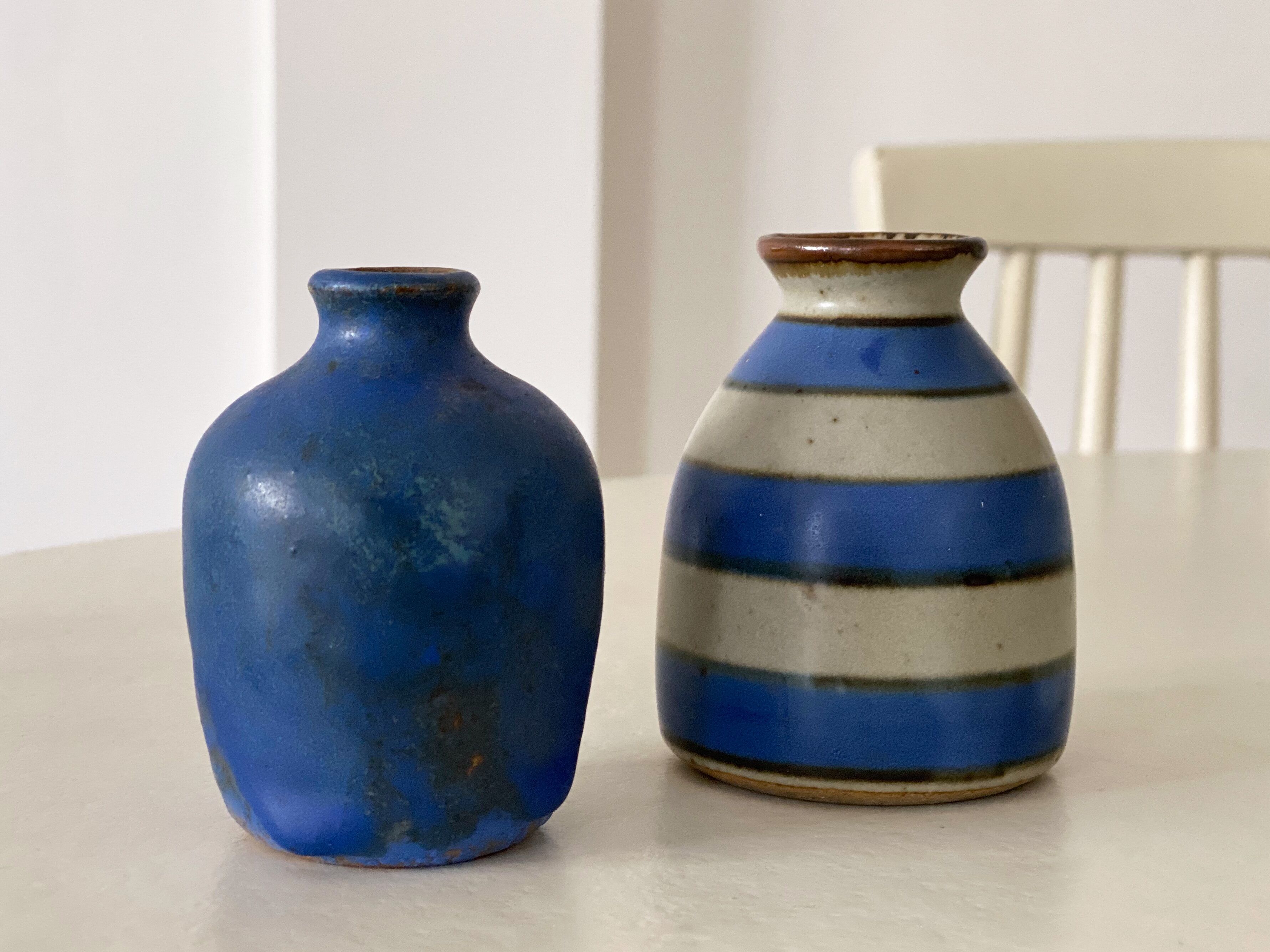 2 mid century ceramic vases in blue