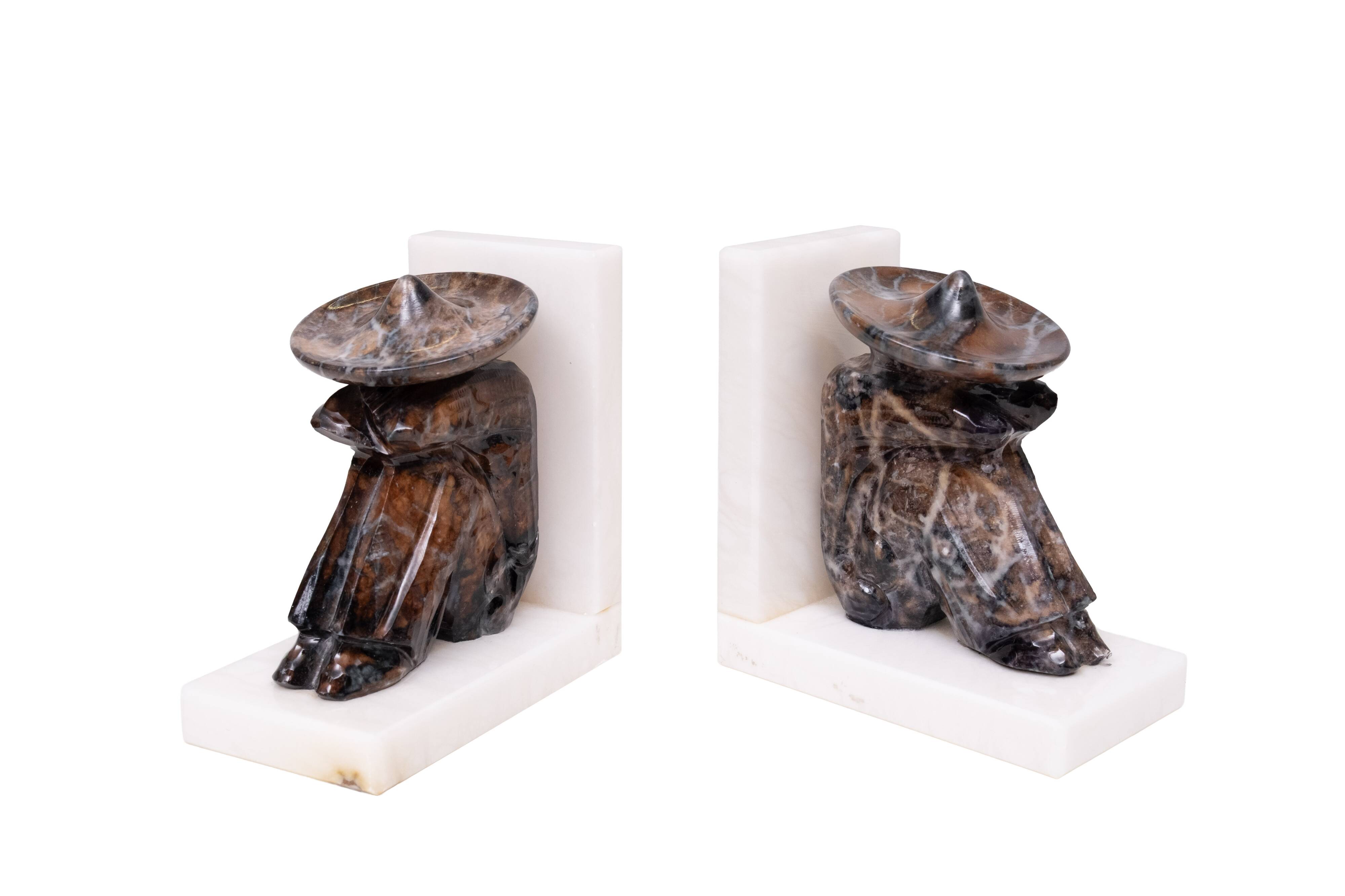 Vintage Onyx and White Marble Bookends, Sombrero Design, Mexico, 1970s