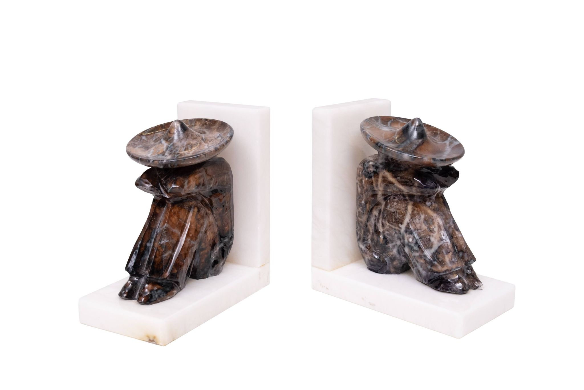 Vintage Onyx and White Marble Bookends, Sombrero Design, Mexico, 1970s