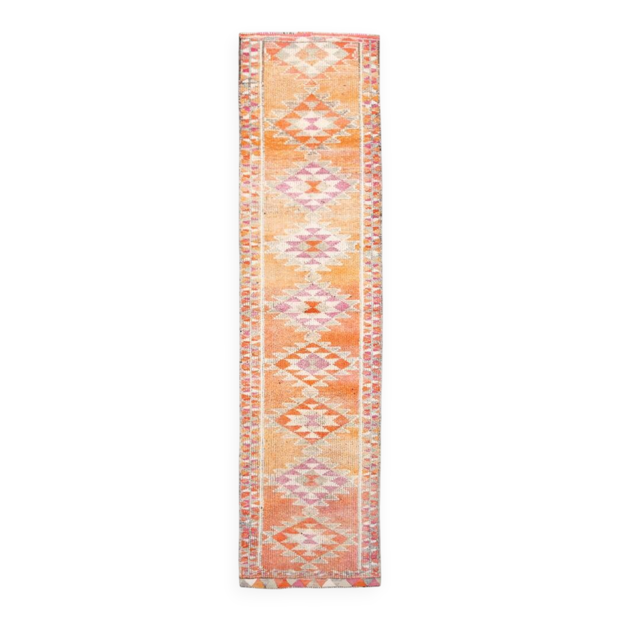 Tapis runner kilim vintage, style bohème, tons orange, rose et lilas pastel