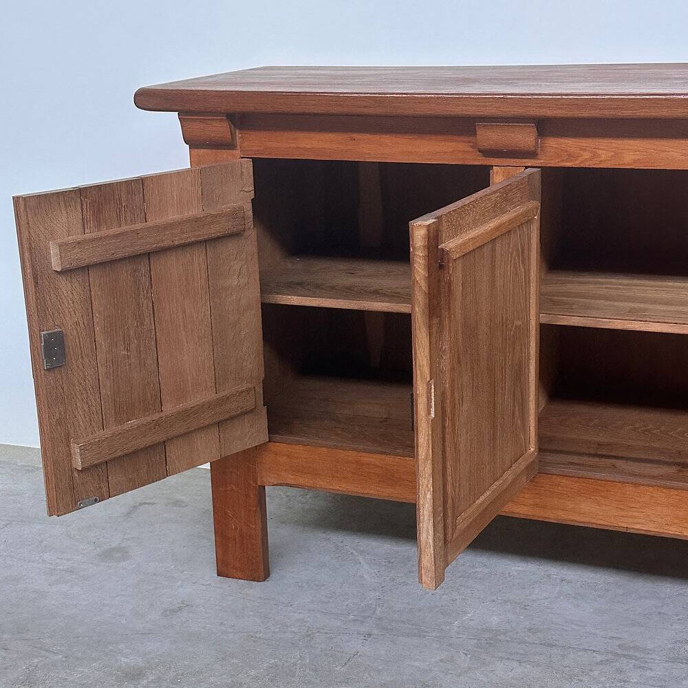 Brutalist solid oak sideboard with hand-forged iron hardware, Belgium, 1970s