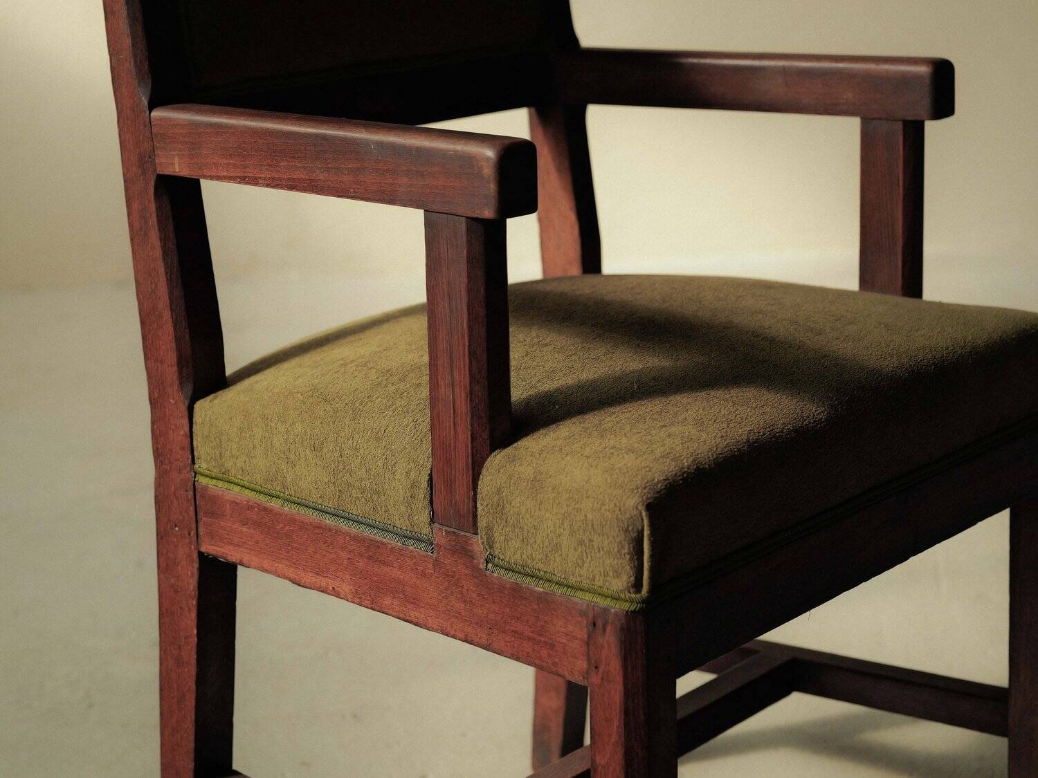 Pair of modernist armchairs in solid oak, France, circa 1940.