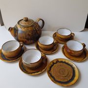 Set of teapot + 5 cups + 6 saucers in ceramic signed CB (Signature to be identified)