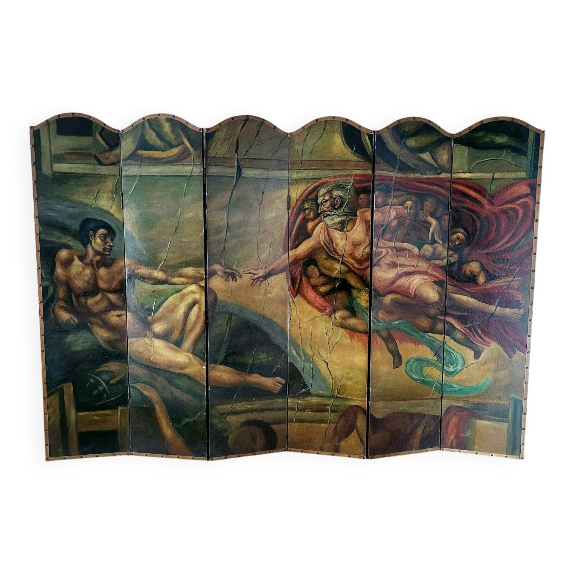 Rare paravent Art déco peint à la main dans le style de Michel-Ange