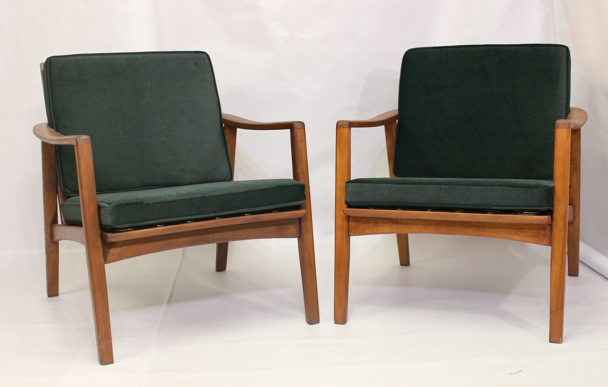 Pair of Scandinavian style armchairs, red velvet fir fabric 60s