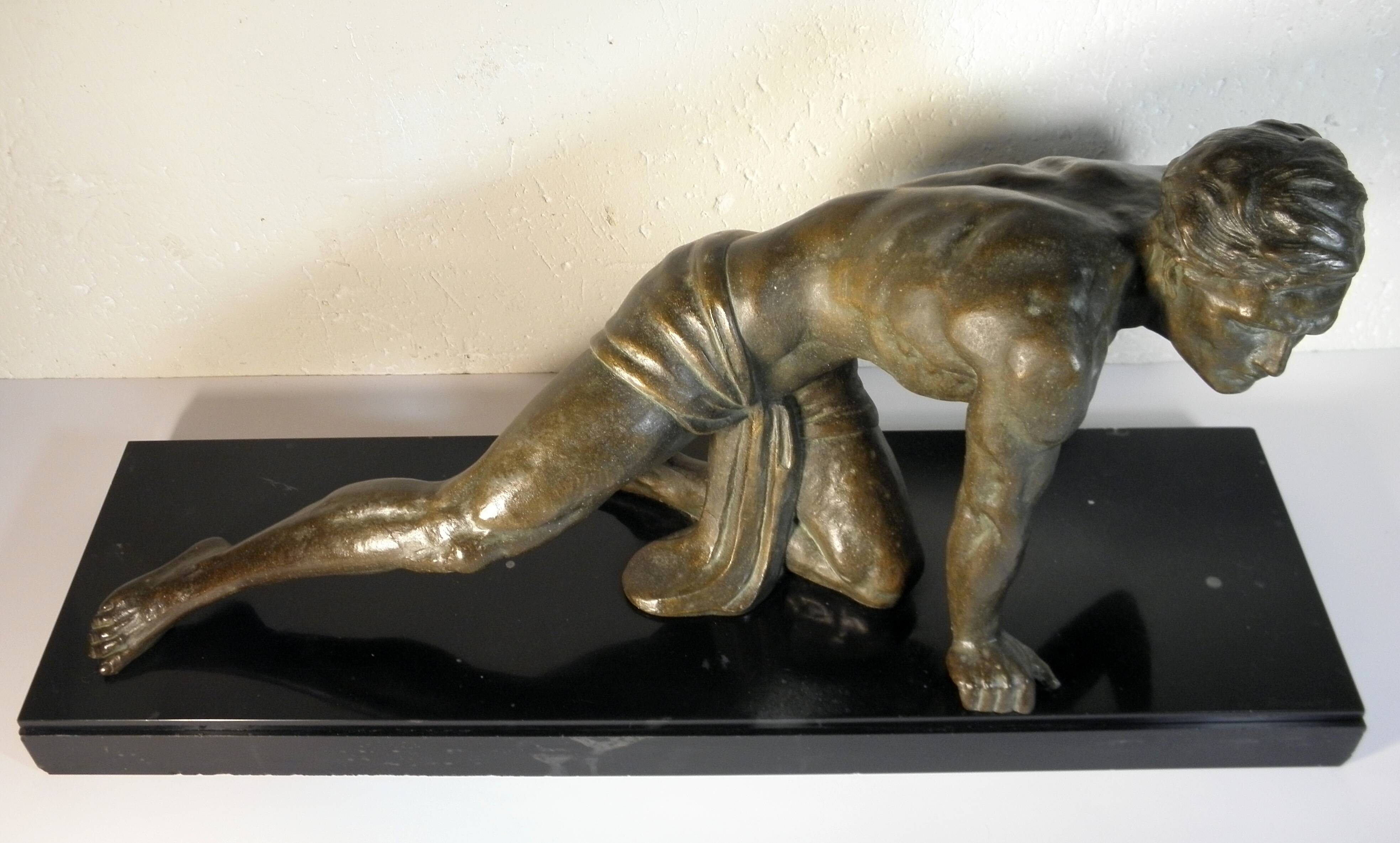 Art Deco spelter sculpture on marble base J. De Roncourt