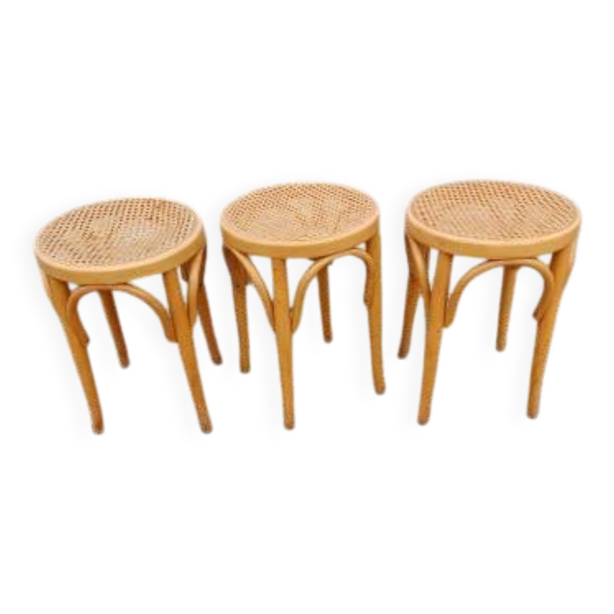3 wooden and cane stools