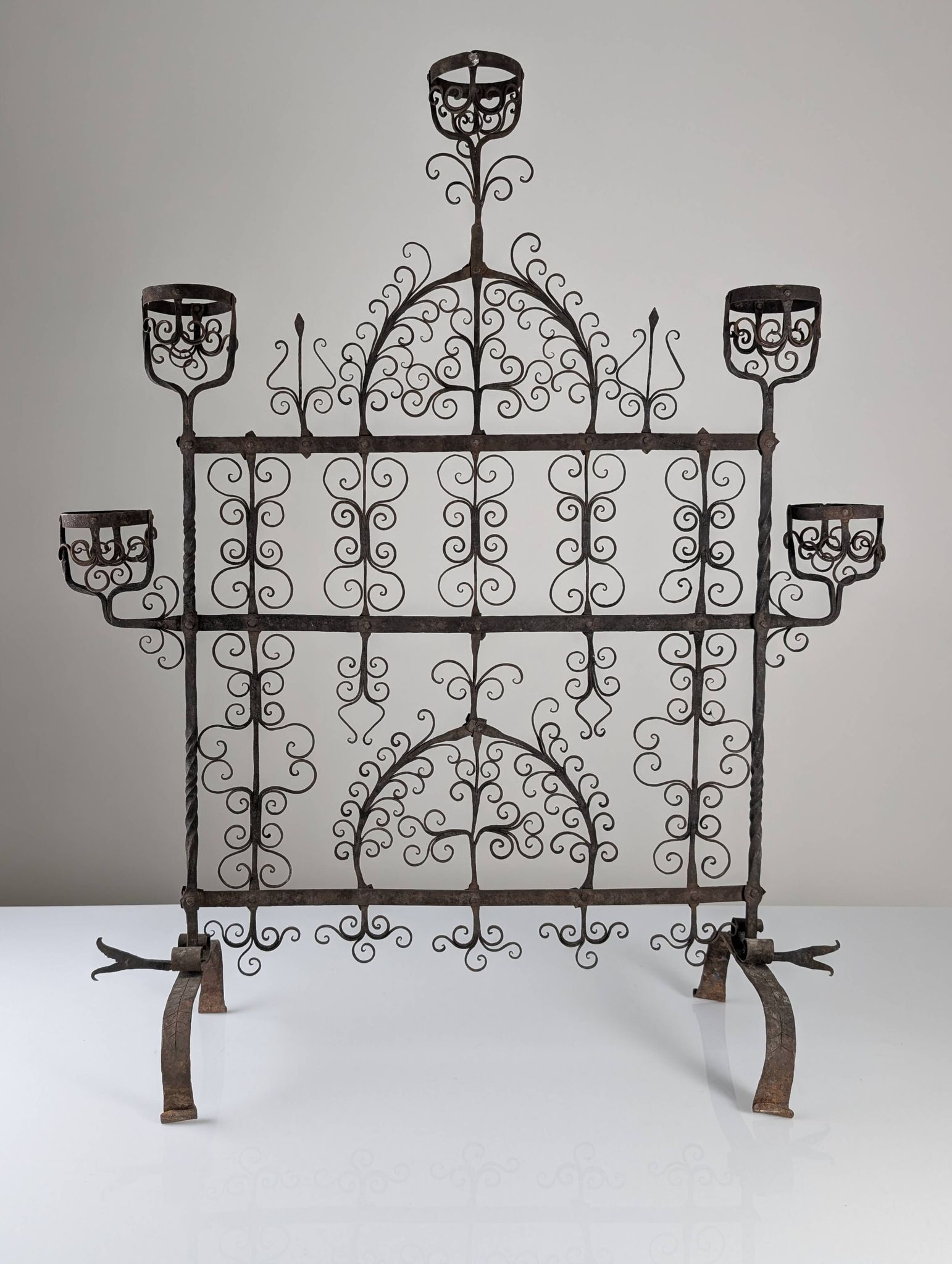 Spanish Wrought Iron Fireplace Screen Candelabra, Arts and Crafts, 1880s