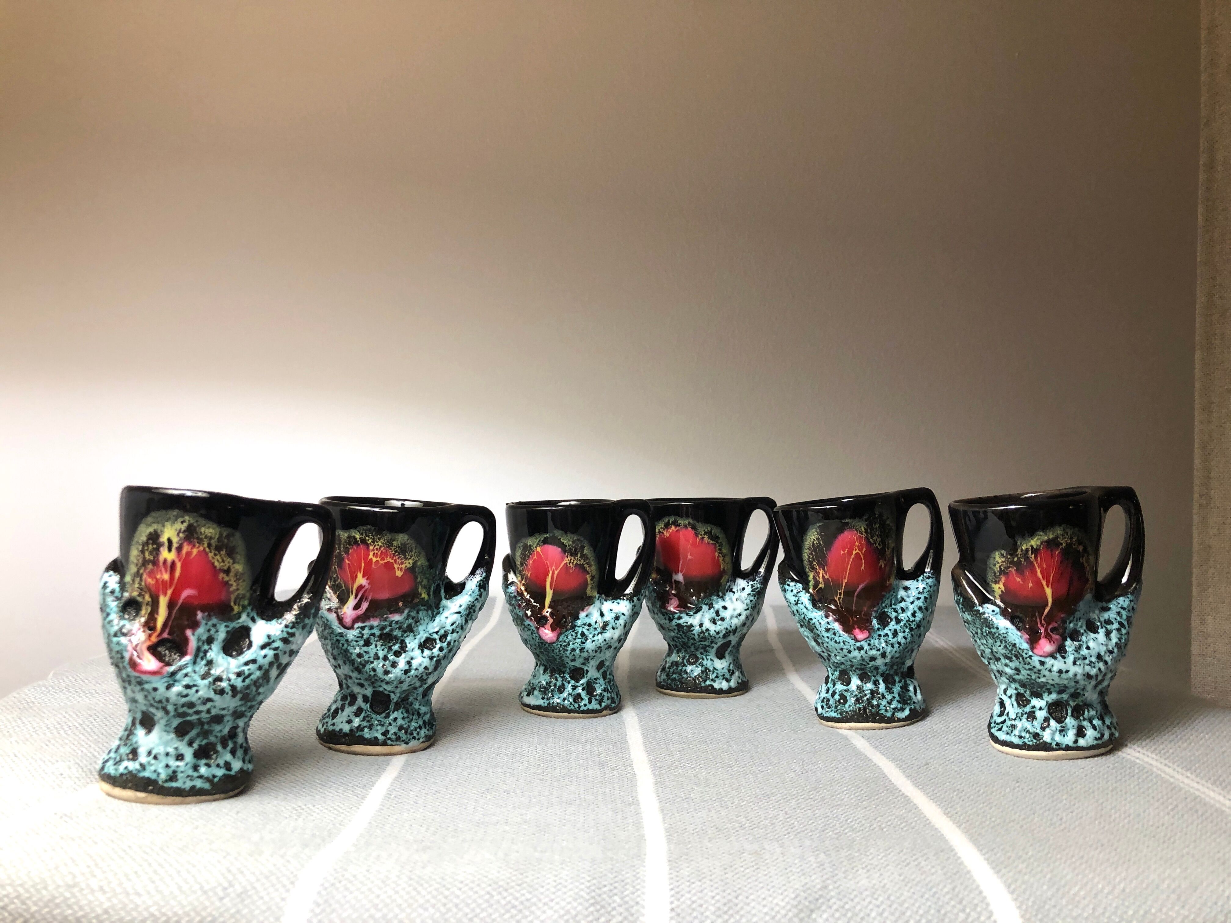 Old coquetiers signed Vallauris Turquoise and Red