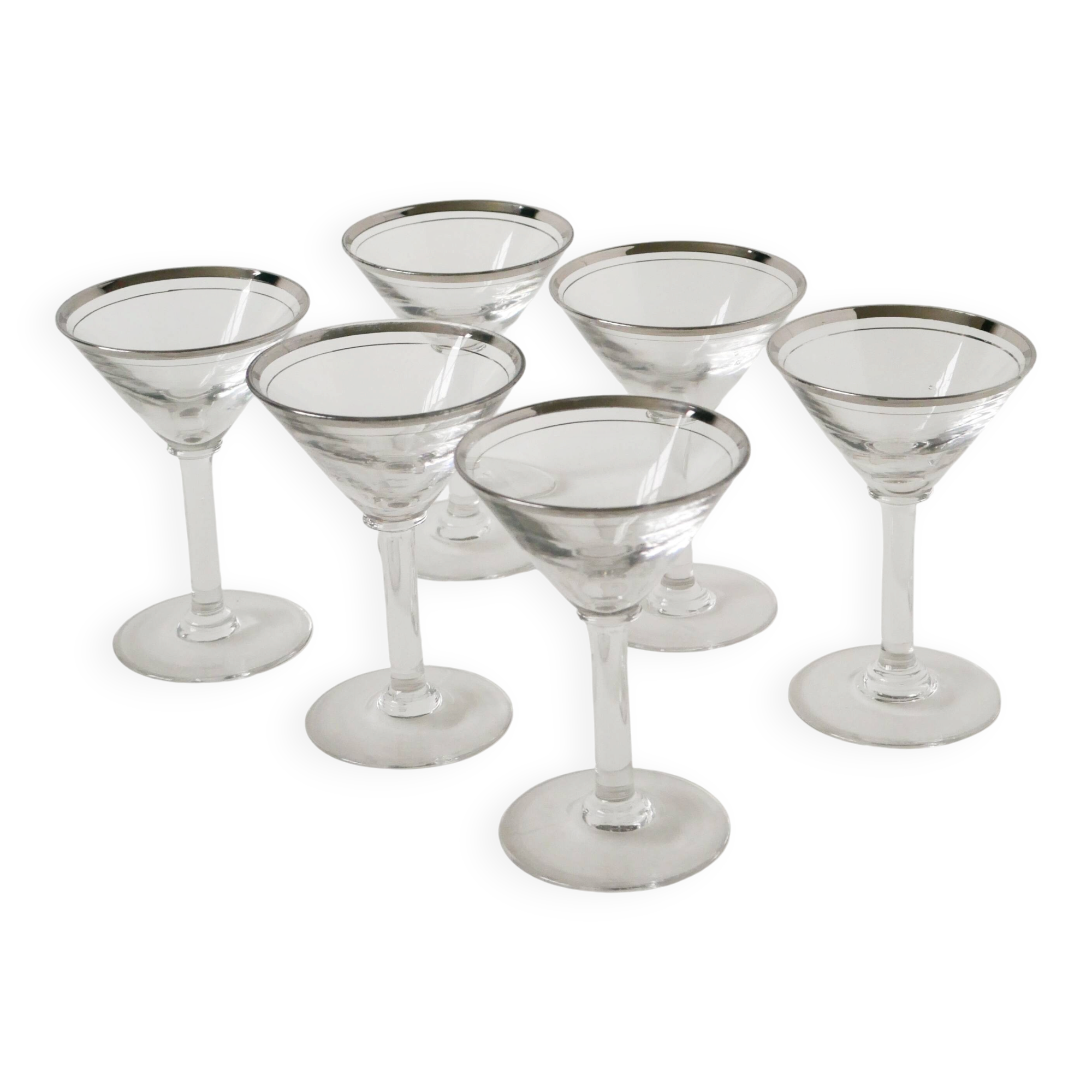 Set of 6 cocktail / martini glasses, chrome rim, Art Deco, 1930s