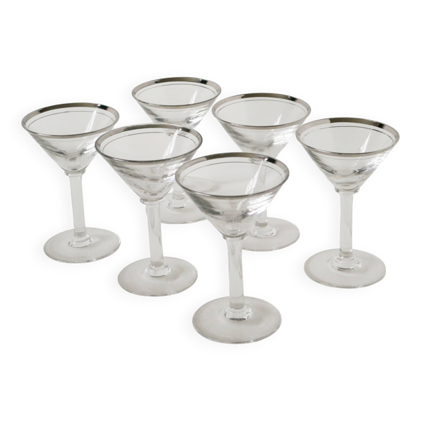 Lot de 6 verres à cocktail, Martini, liseré chromé, Art Déco, 1930
