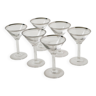 Set of 6 cocktail / martini glasses, chrome rim, Art Deco, 1930s