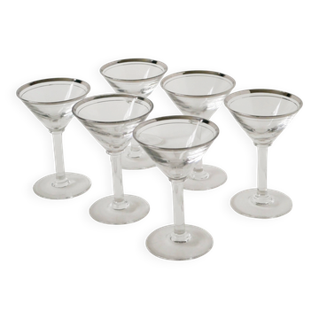 Set of 6 cocktail / martini glasses, chrome rim, Art Deco, 1930s