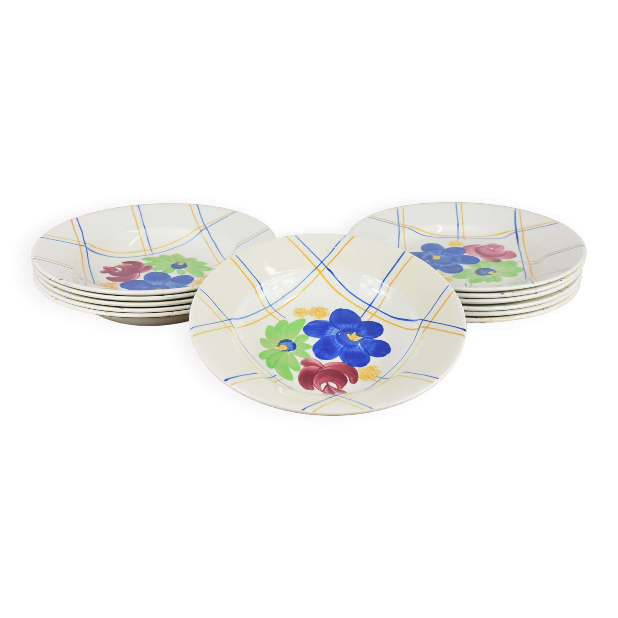 Lot de 12 assiettes motif fleurs de champagne.