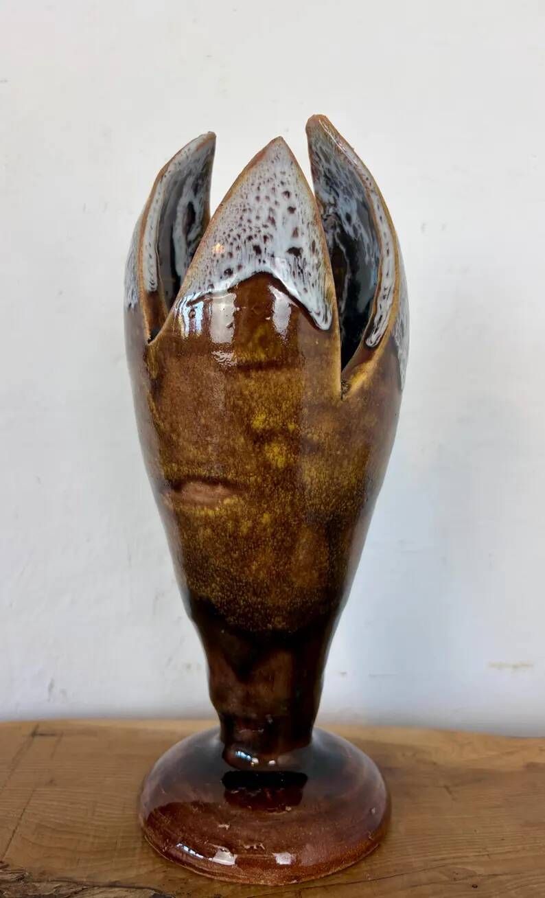 Vintage Mid-Century Modern Studio Pottery Tulip Lotus Bud Pedestal Vase - Earthen Brown & White Glaze