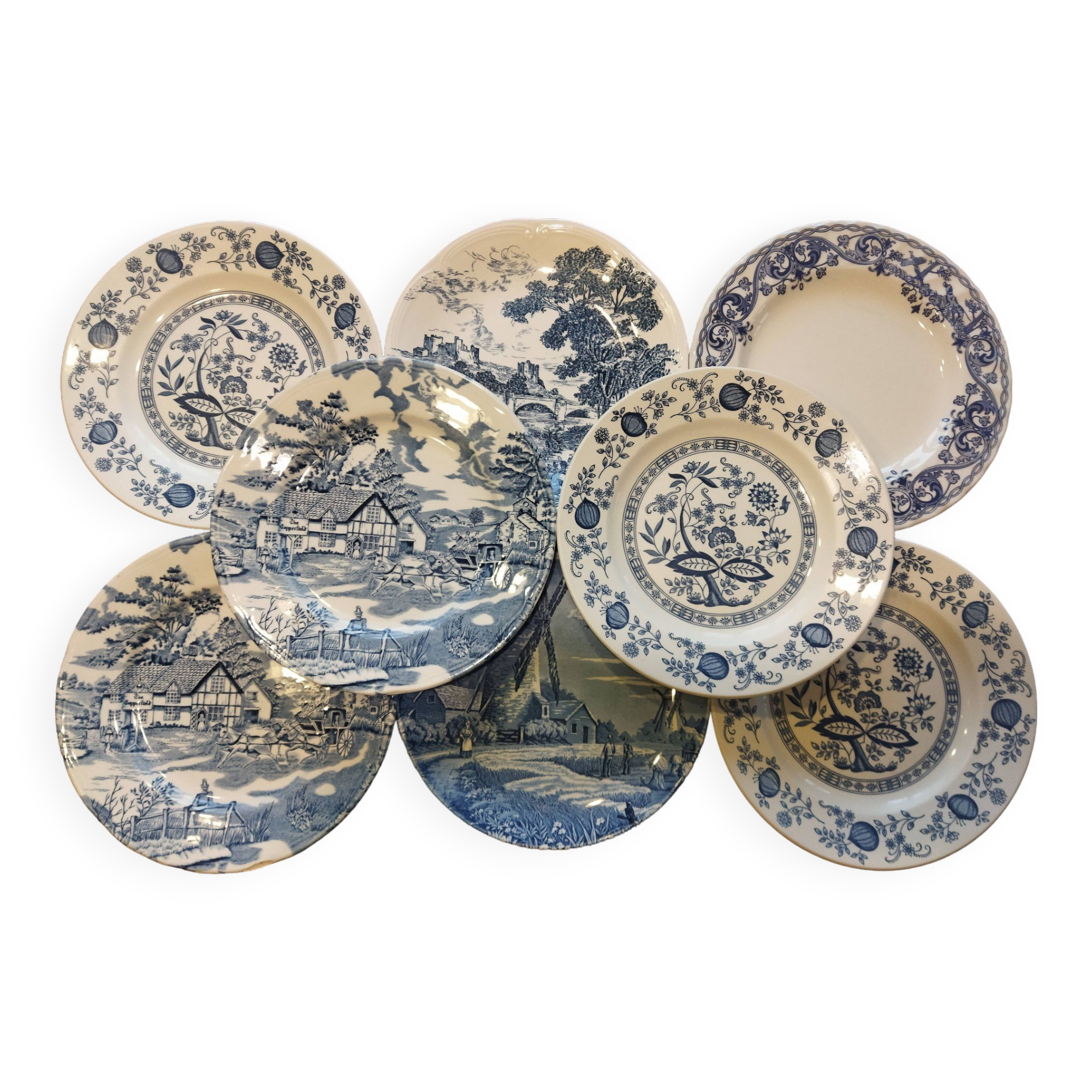 8 blue & white dinner plates (Royal Tudor Gien Lunéville Ceraminter)