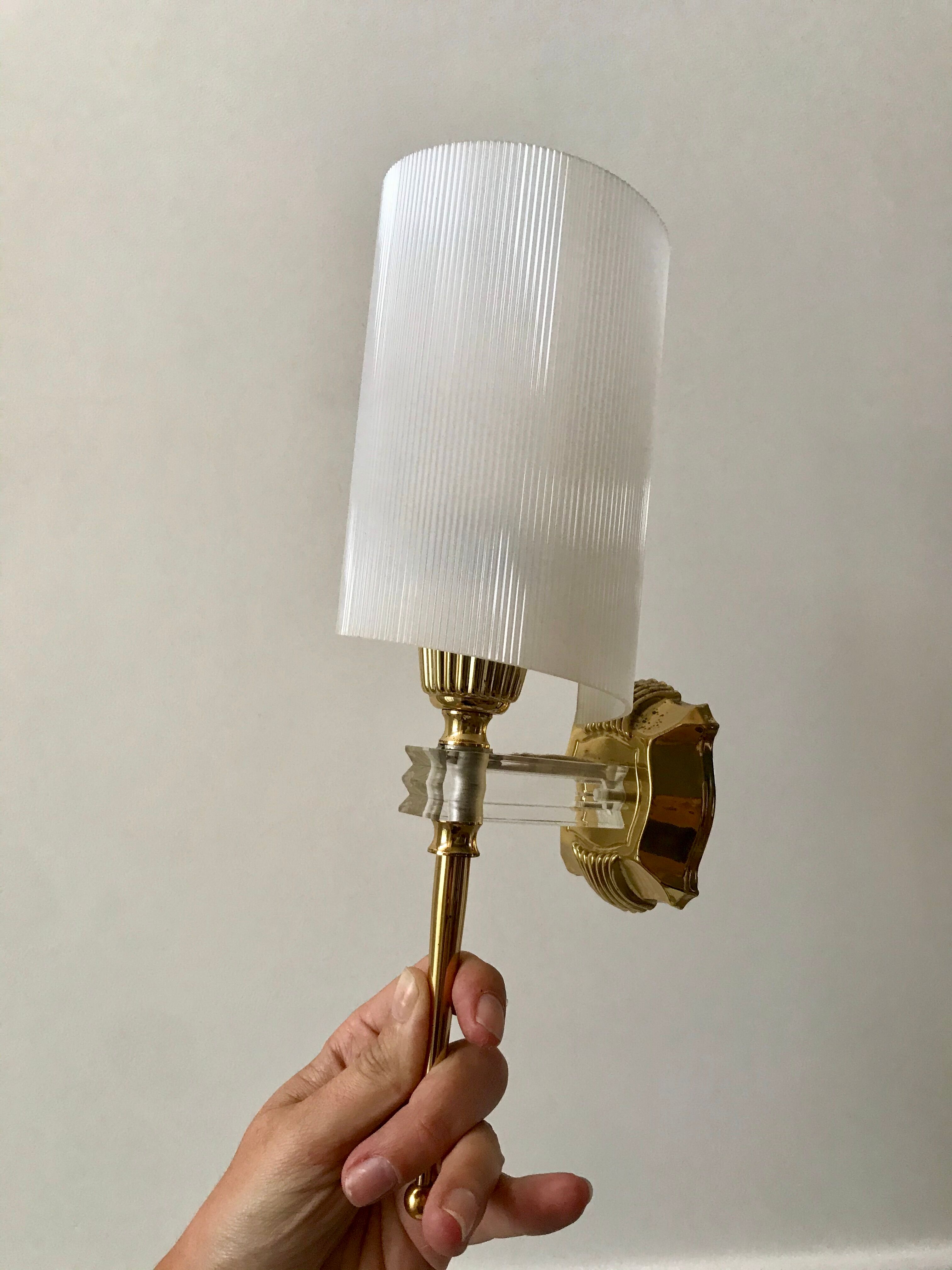 Pair of gold steel wall lamps, plexi and pleated plastic shades 60s-70s