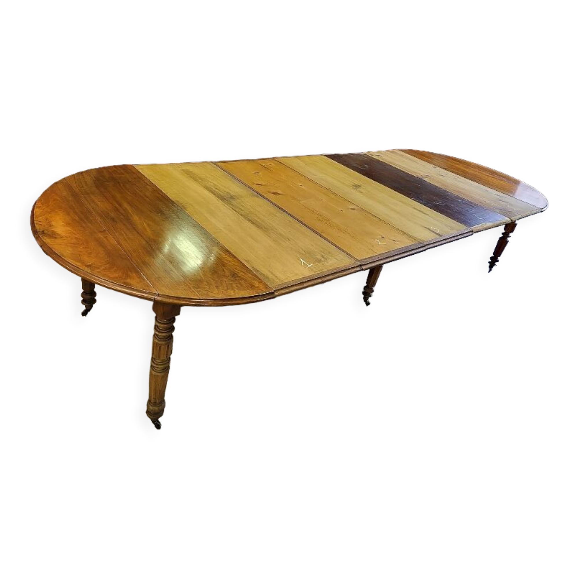 Table 6 pieds en noyer blond de 356 cm de long ouverte avec 5 allonges n10