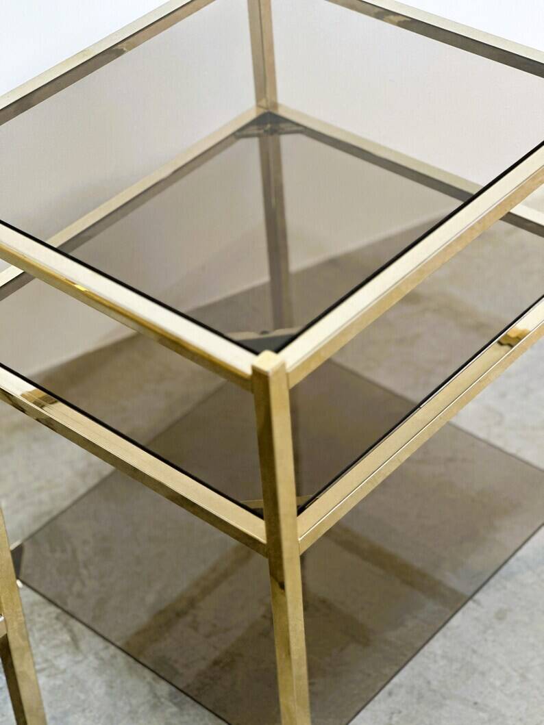 Pair of Vintage Three-Level Tables in Brass and Smoked Glass, 1970s