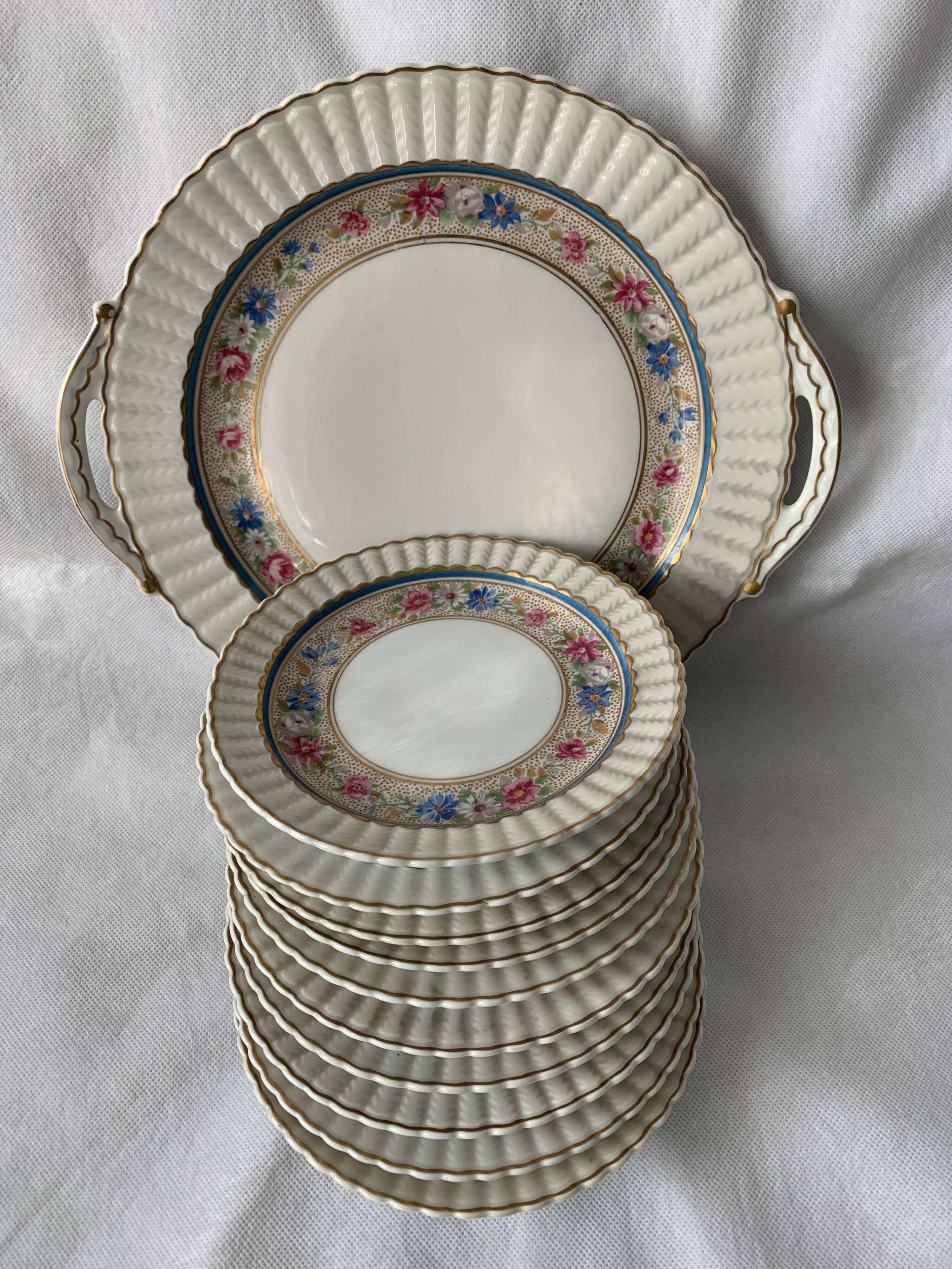 Dessert service 10 plates and a Bernardaud Limoges porcelain cake dish