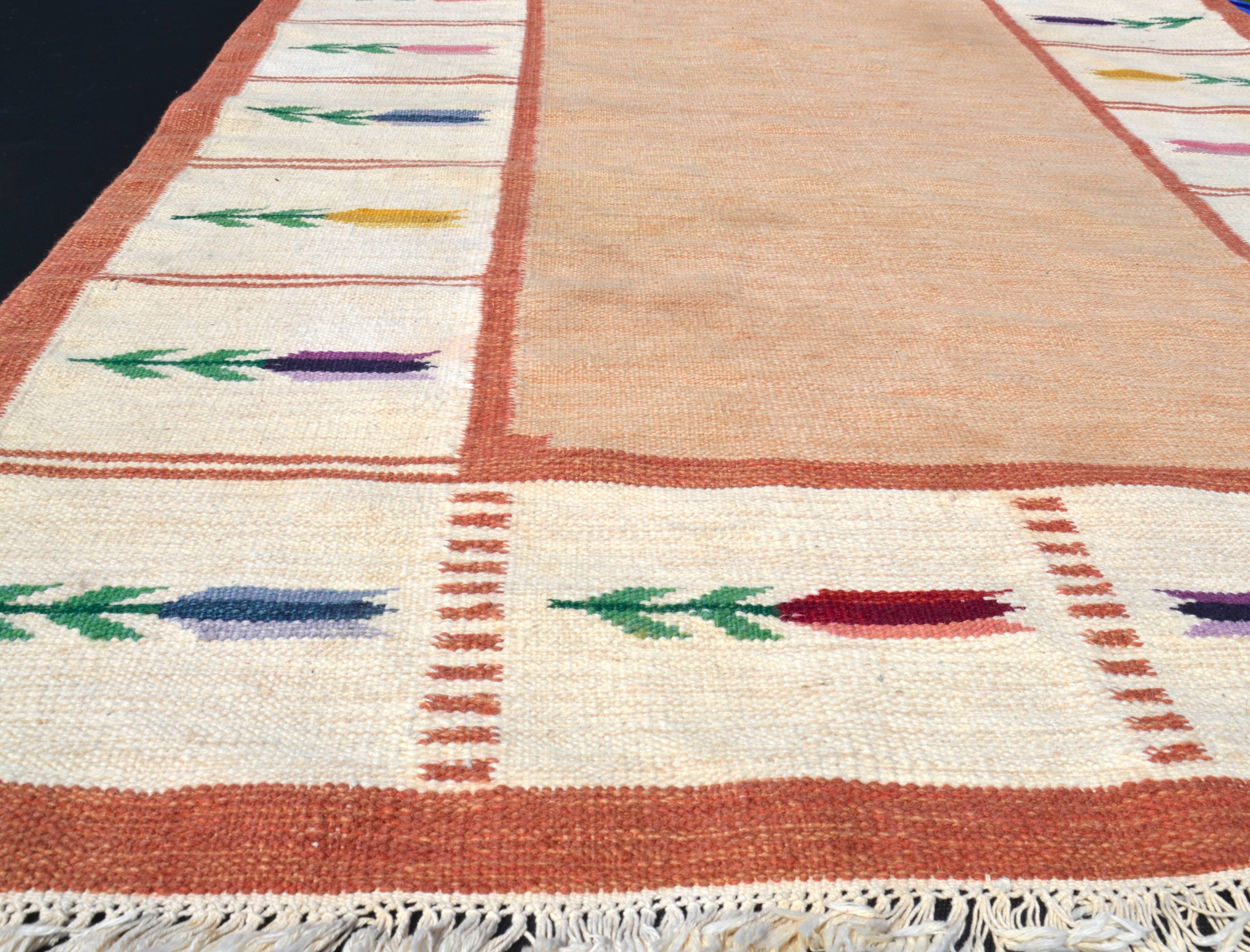 Vintage swedish flat weave Röllakan floral rug 1960s handmade, wool