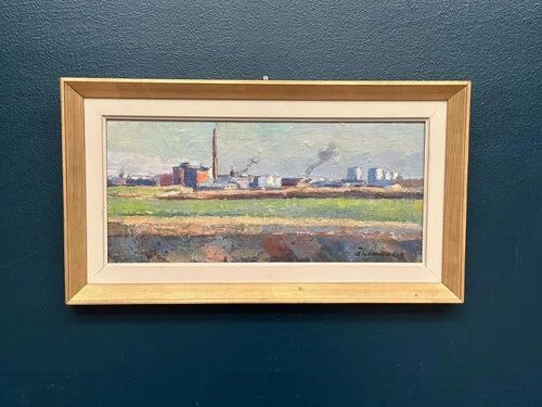 Swedish Oil on panel "Silhouette over Örebro" by HARRY THOMANDER, Framed 46x26cm