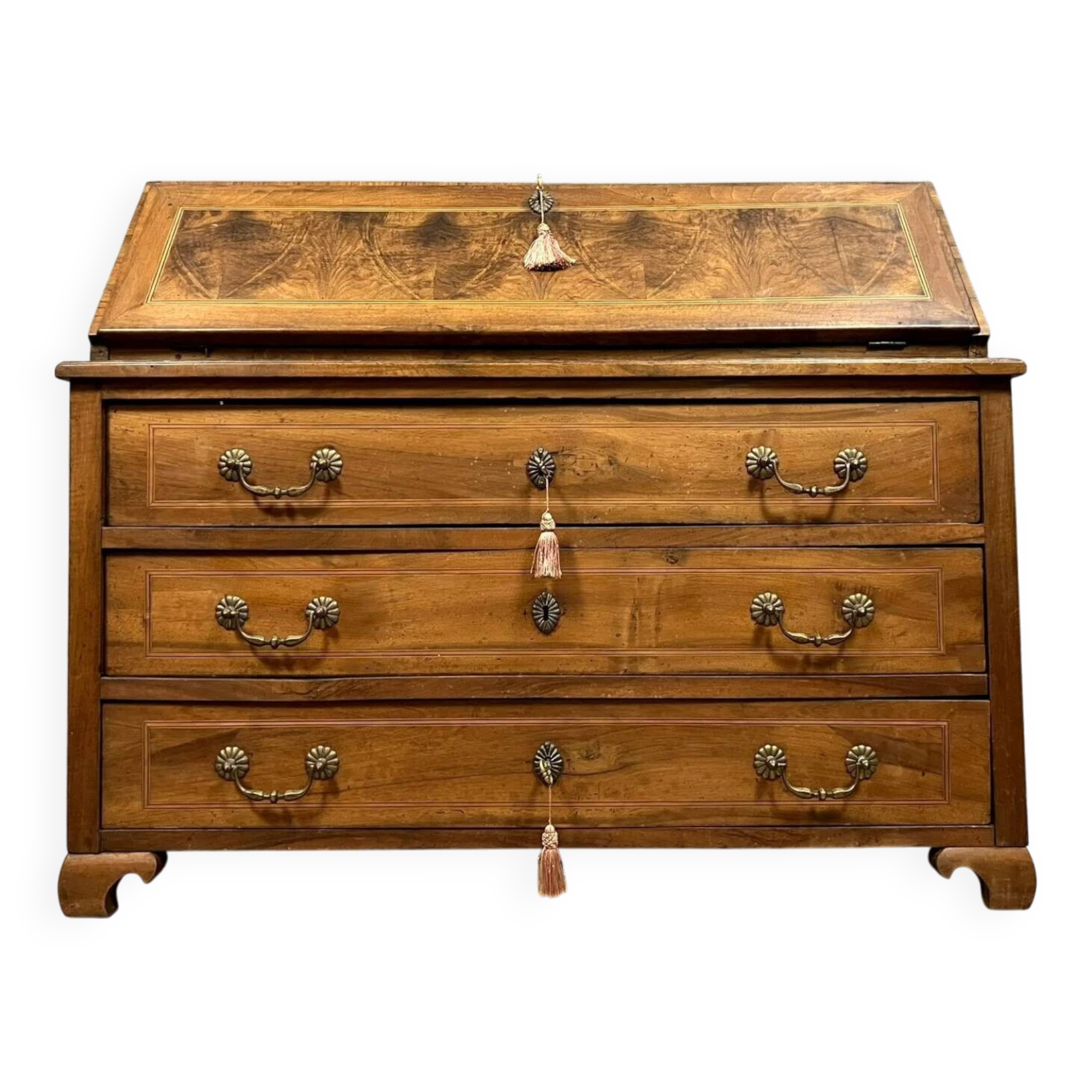 Louis XV period chest of drawers in walnut, burl and marquetry threads