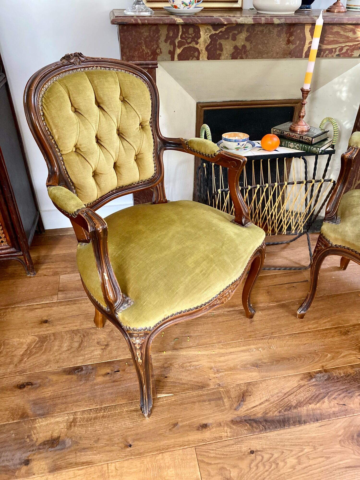 Cabriolets or Bergère armchairs Louis XV style in light green upholstered velvet