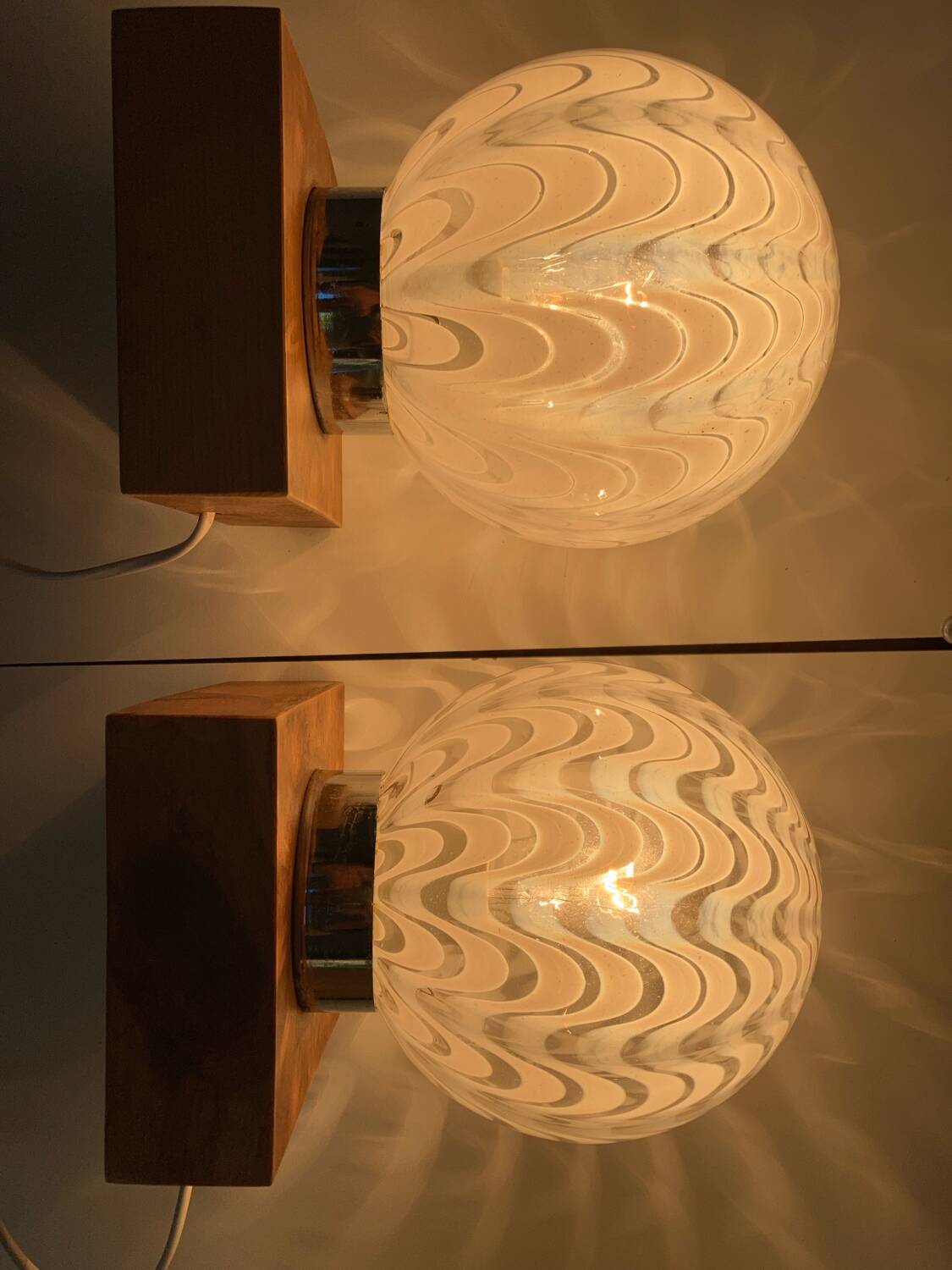 Pair of vintage 80s glass globe table lamps with wooden base