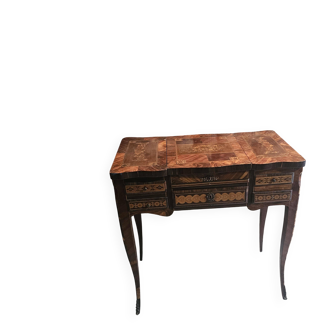 French marquetry dressing table, circa 1900, with adjustable mirror and storage.