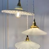 Three-light cascading pendant lamp with vintage white opaline lampshade