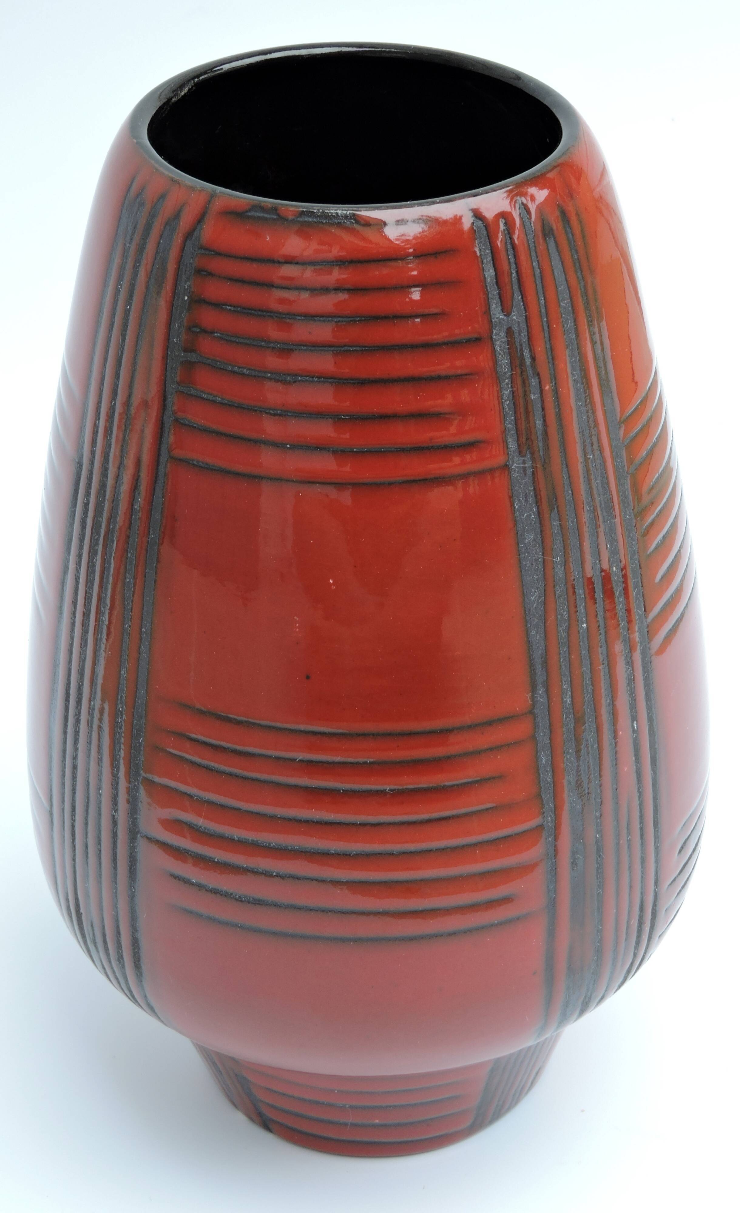 Vintage red ceramic vase scarified decoration elchinger 50' signed