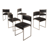 Willy Rizzo Six Italian SQ Brushed Steel and Black Eco-Leather Dining Chairs