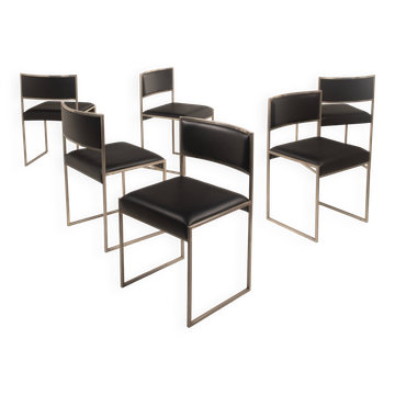 Willy Rizzo Six Italian SQ Brushed Steel and Black Eco-Leather Dining Chairs