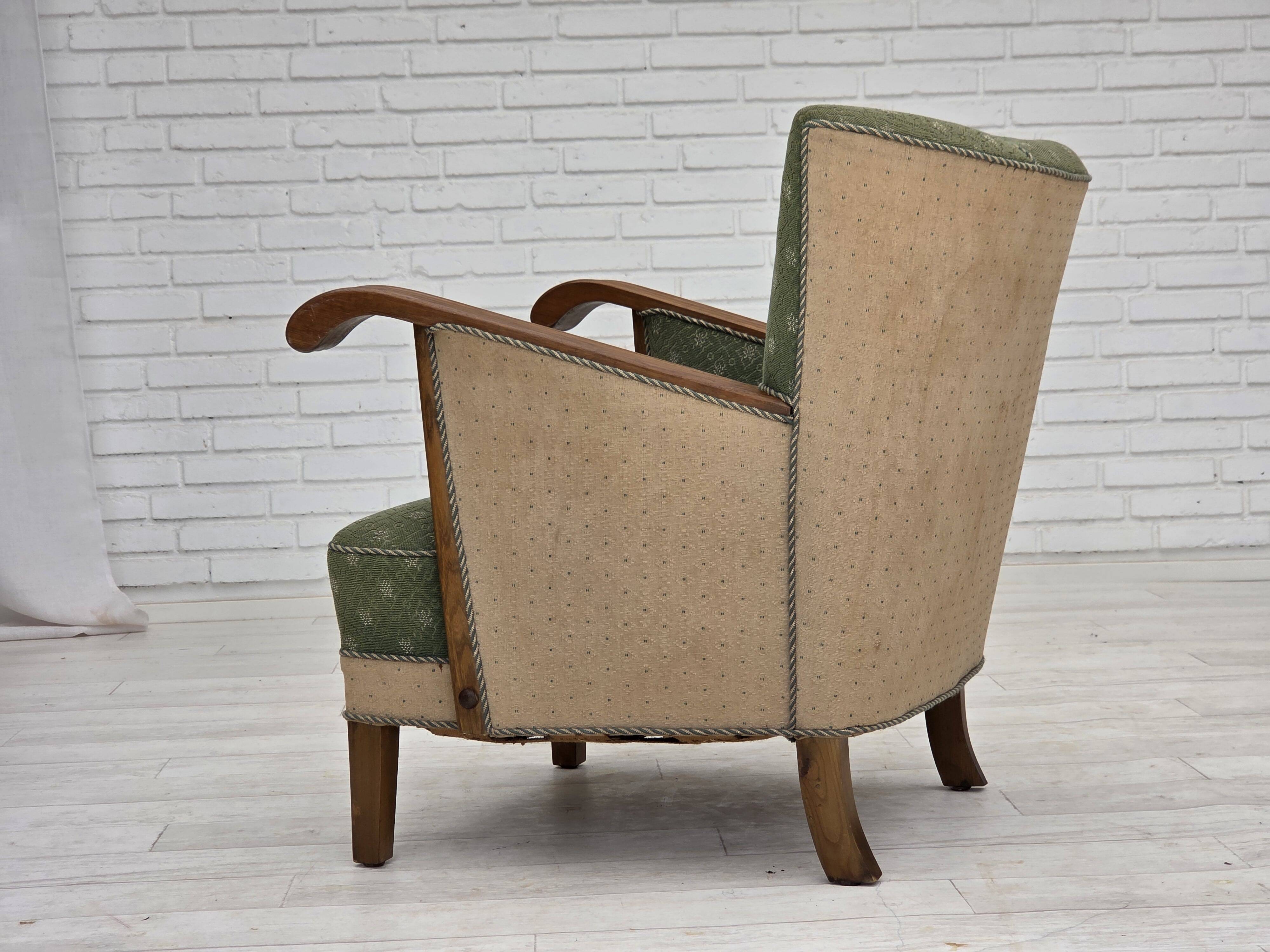 1950s, Danish armchair, original green/beige furniture wool, oak wood.