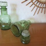 Pair of green decanters and glass