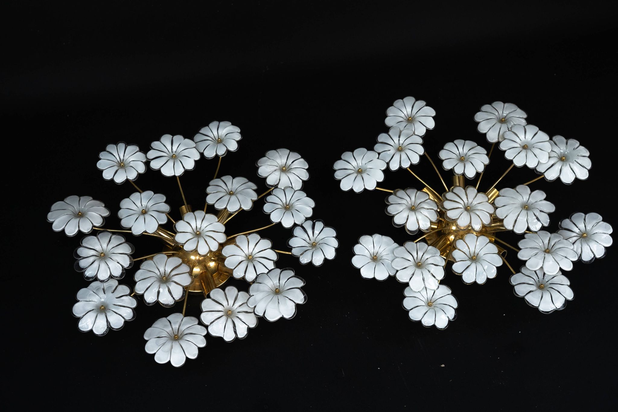 Pair of Murano white flower ceiling lamps. Italy 1980s