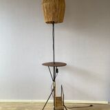 Wrought iron floor lamp with magazine holder and sisal shade, 1950s