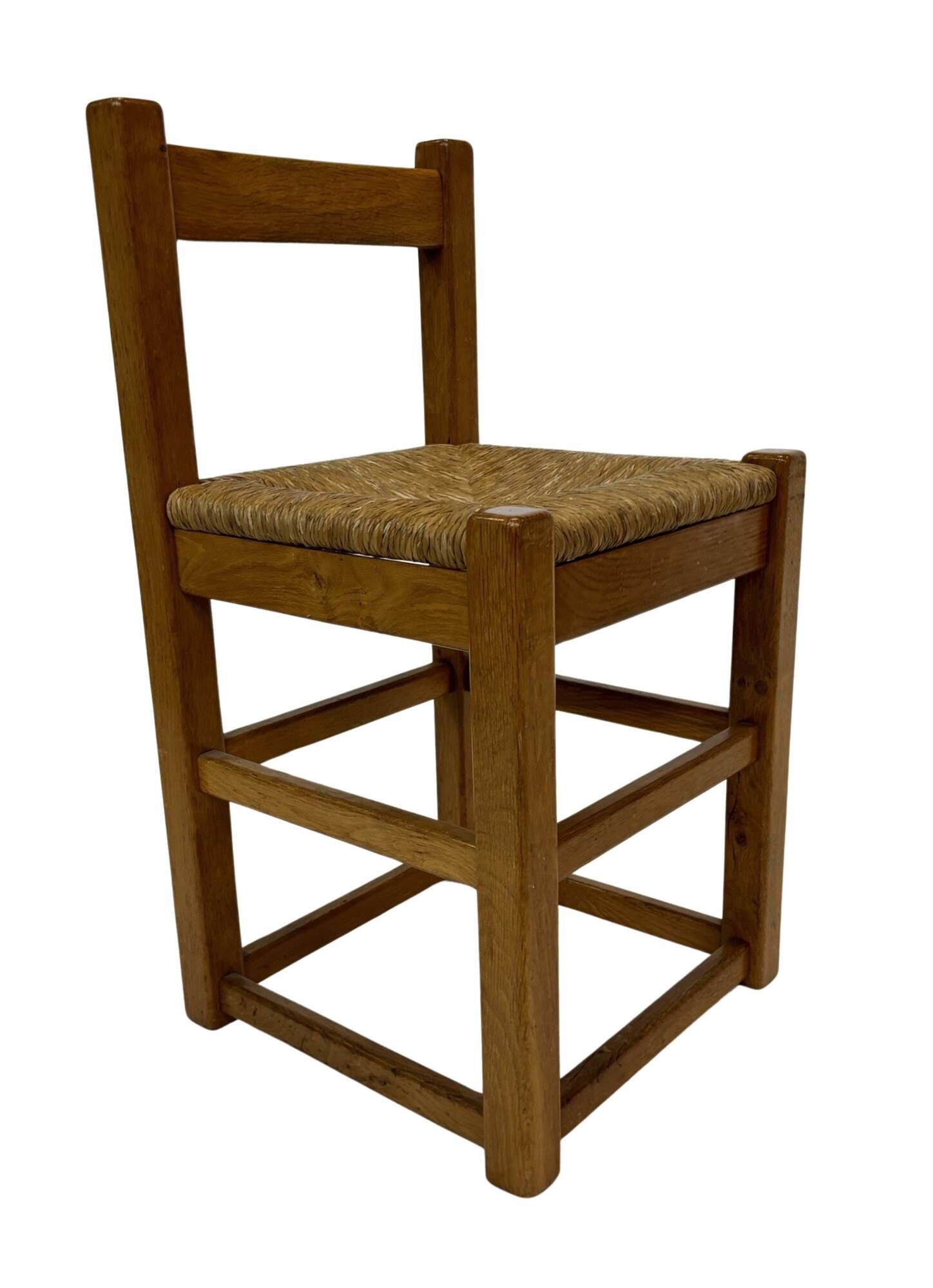 Set of four vintage chairs / stool - brutalist style minimalist oak and wicker 60s
