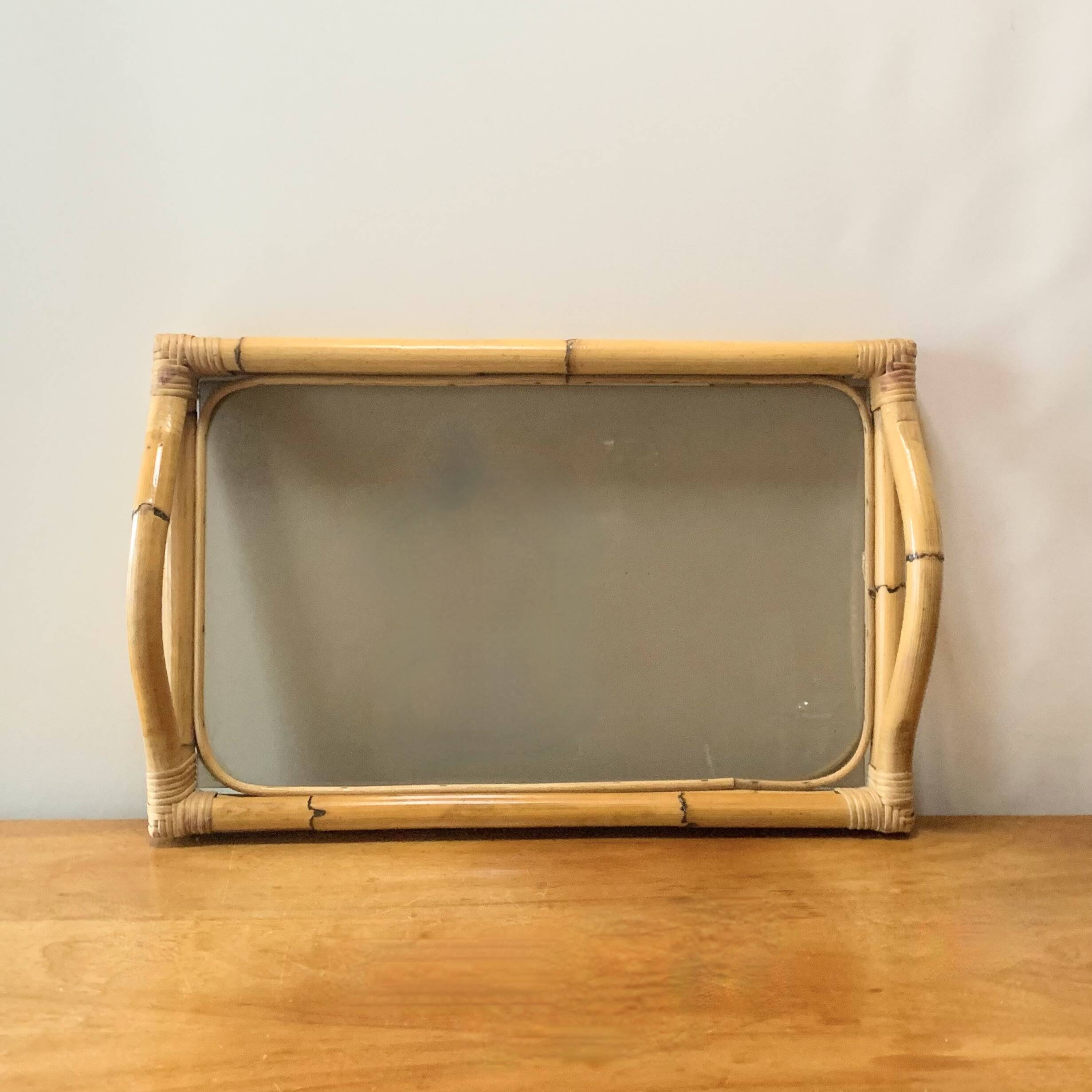 Large vintage tray in bamboo and smoked glass